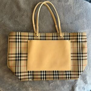 Burberry Tan/Black Nova Check Tote Bag with front outside leather pocket. Nylon.
